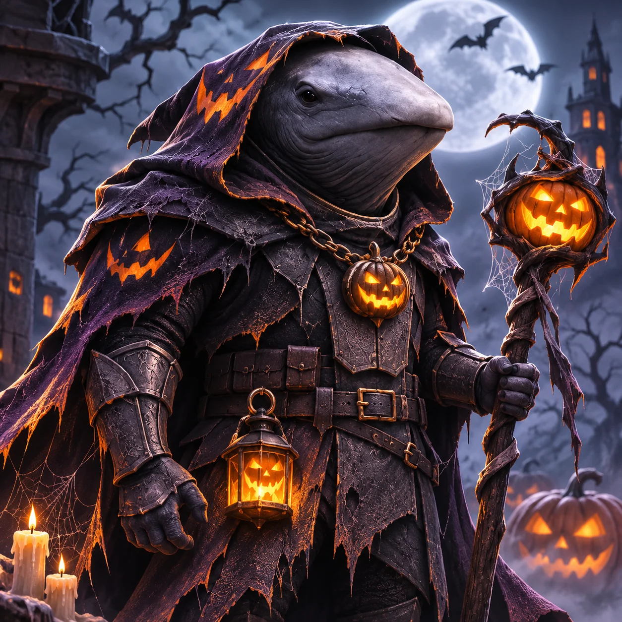 WHALOWEEN, a hooded whale guardian with glowing pumpkin lanterns